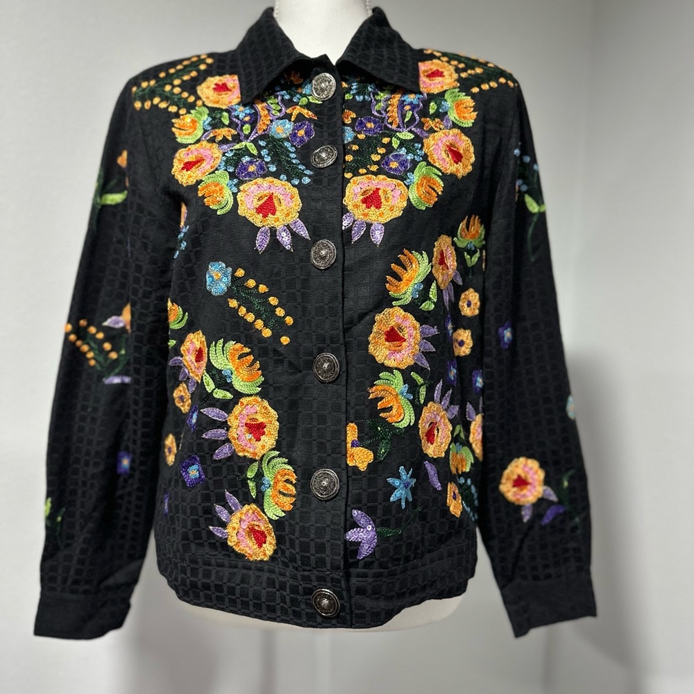Julia Kim Size Large Art to wear Floral Embroidered Black Jacket Flower Sequin